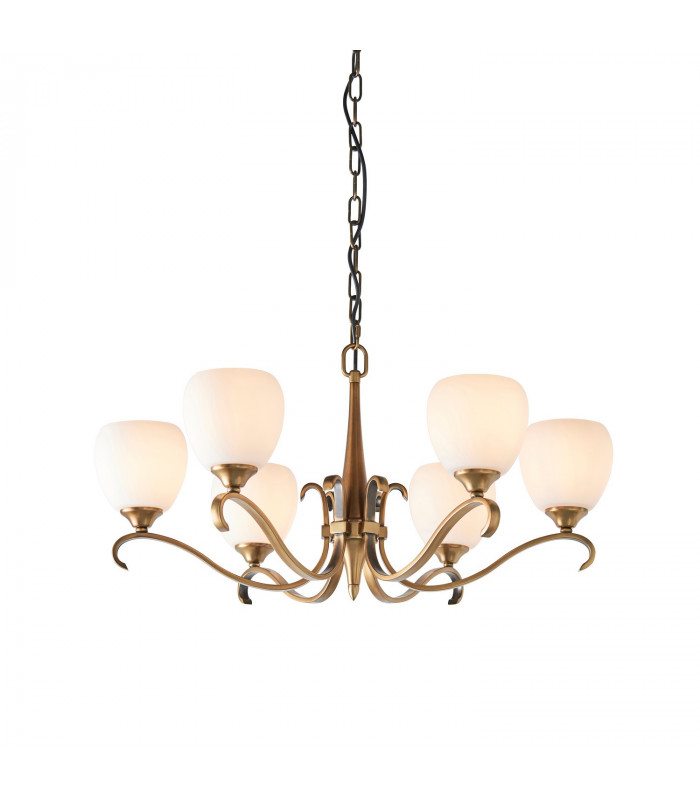 Columbia 6 Light Multi Arm Ceiling Pendant Chandelier Antique Brass Opal Glass E14-1