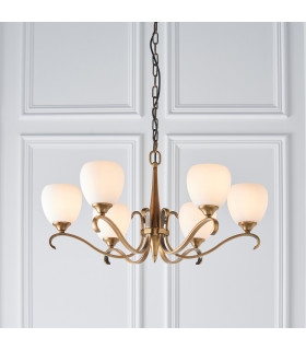 Columbia 6 Light Multi Arm Ceiling Pendant Chandelier Antique Brass Opal Glass E14-2