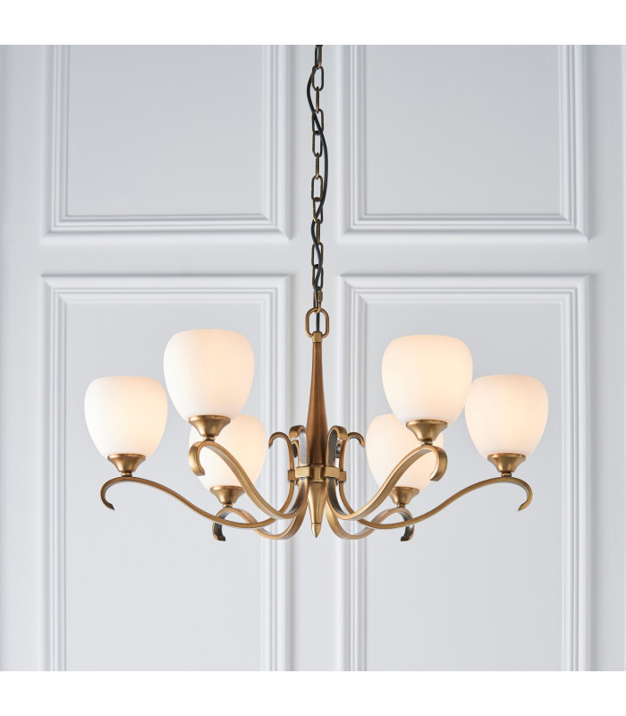 Columbia 6 Light Multi Arm Ceiling Pendant Chandelier Antique Brass Opal Glass E14-2