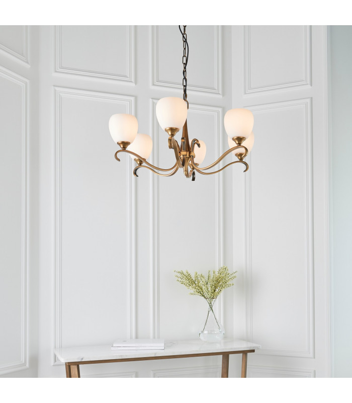 Columbia 6 Light Multi Arm Ceiling Pendant Chandelier Antique Brass Opal Glass E14-4