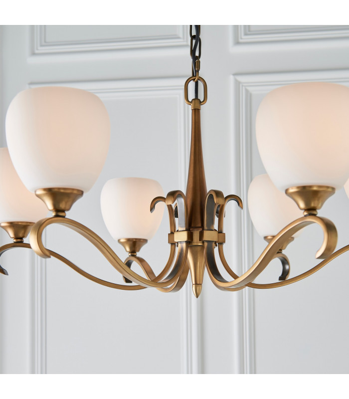 Columbia 6 Light Multi Arm Ceiling Pendant Chandelier Antique Brass Opal Glass E14-6