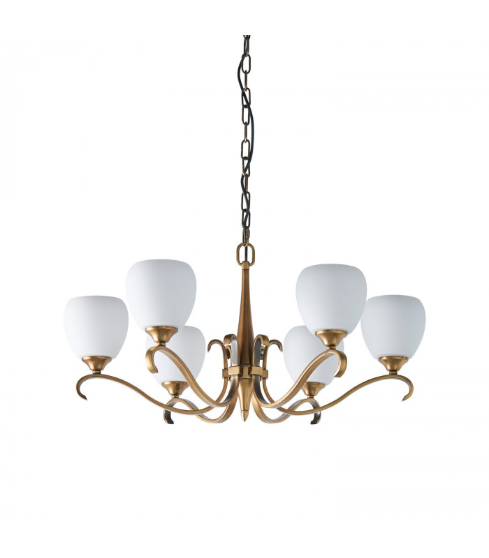 Columbia 6 Light Multi Arm Ceiling Pendant Chandelier Antique Brass Opal Glass E14-8