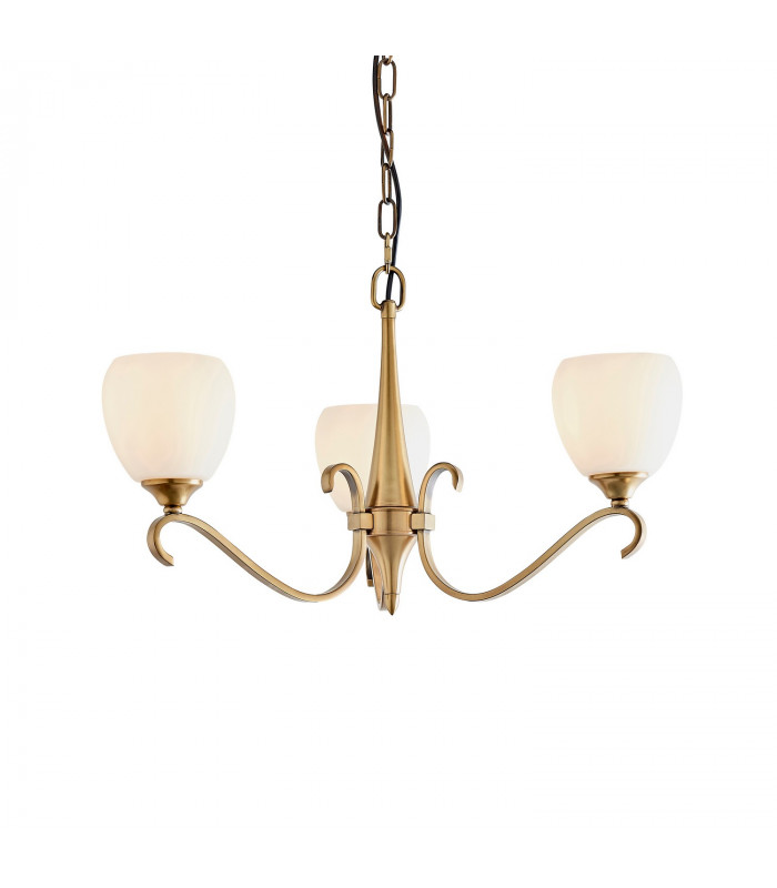Columbia 3 Light Multi Arm Ceiling Pendant Chandelier Antique Brass Opal Glass E14-1