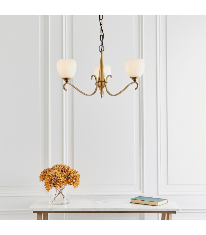 Columbia 3 Light Multi Arm Ceiling Pendant Chandelier Antique Brass Opal Glass E14-3