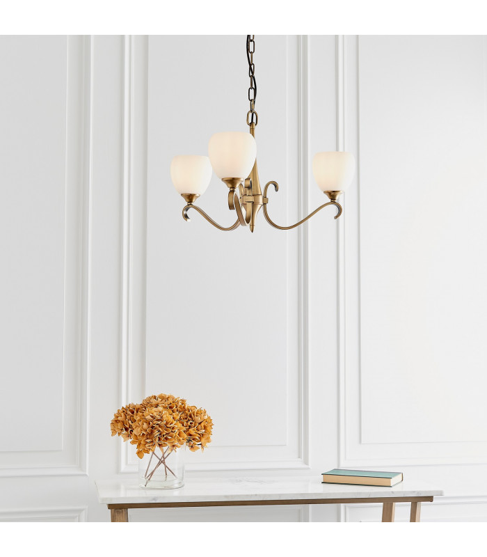 Columbia 3 Light Multi Arm Ceiling Pendant Chandelier Antique Brass Opal Glass E14-4