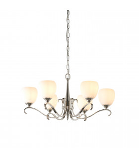Columbia 6 Light Multi Arm Ceiling Pendant Chandelier Polished Nickel Matt Opal Glass E14-1