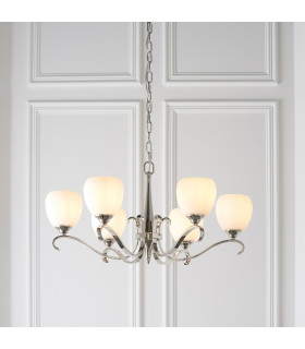 Columbia 6 Light Multi Arm Ceiling Pendant Chandelier Polished Nickel Matt Opal Glass E14-2