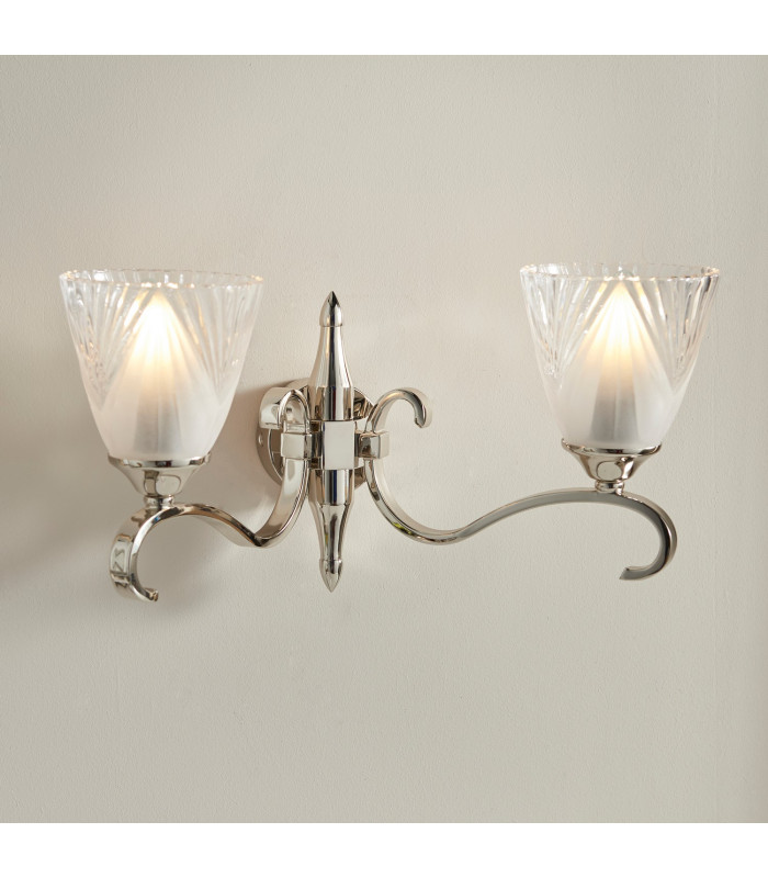 Columbia 2 Light Indoor Twin Wall Light Clear Glass Polished Nickel Plate with Deco Shades E14-2