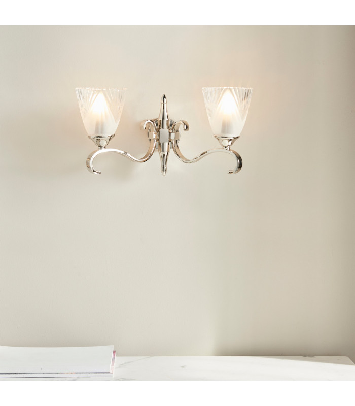 Columbia 2 Light Indoor Twin Wall Light Clear Glass Polished Nickel Plate with Deco Shades E14-3