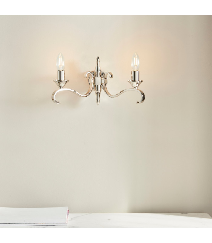 Columbia 2 Light Indoor Twin Wall Light Clear Glass Polished Nickel Plate with Deco Shades E14-8