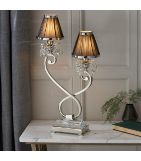 Oksana 2 Light Twin Table Lamp Polished Nickel Plate with Black Shades E14-2