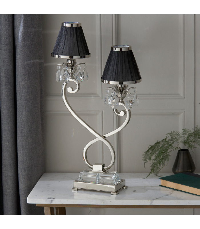 Oksana 2 Light Twin Table Lamp Polished Nickel Plate with Black Shades E14-8