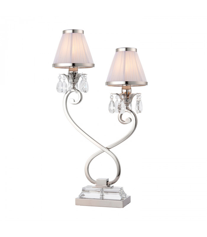 Oksana 2 Light Twin Table Lamp Polished Nickel Plate with White Shades E14-1