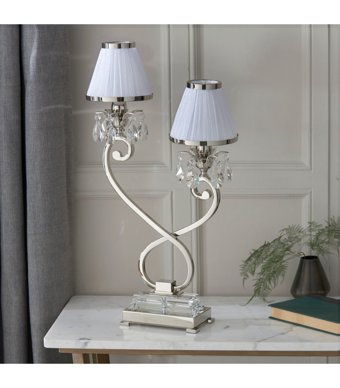 Oksana 2 Light Twin Table Lamp Polished Nickel Plate with White Shades E14-8