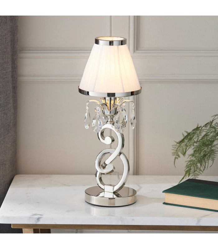Oksana 1 Light Small Table Lamp Polished Nickel with White Shade E14-2