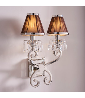 Oksana 2 Light Indoor Twin Candle Wall Light Polished Nickel Plate with Chocolate Shades E14-2