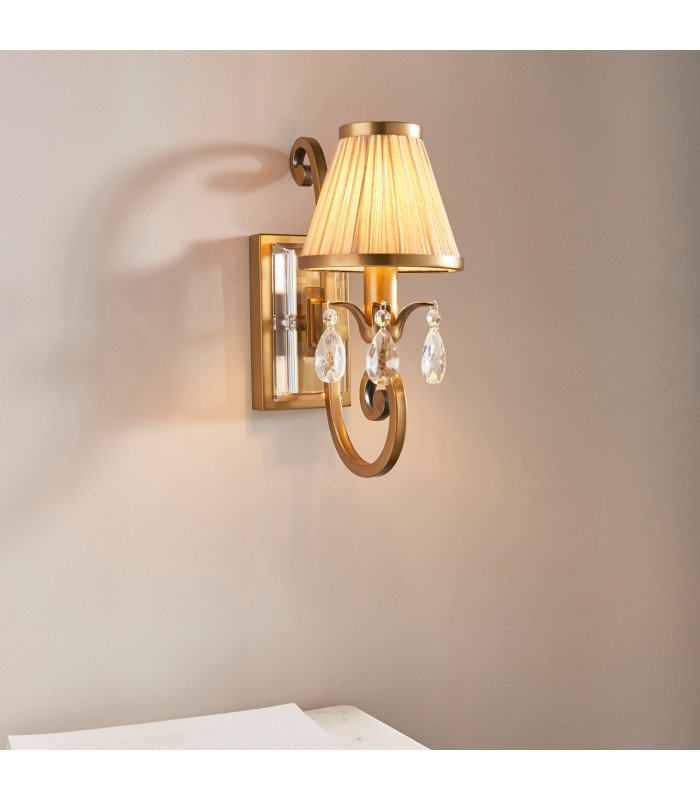 Oksana 1 Light Indoor Candle Wall Light Antique Brass with Beige Shade E14-3