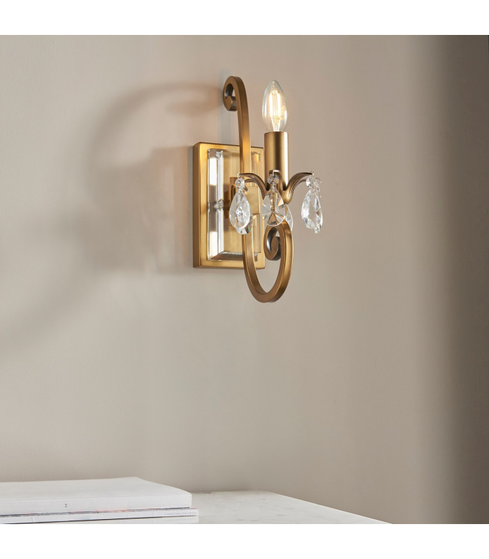 Oksana 1 Light Indoor Candle Wall Light Antique Brass with Beige Shade E14-8