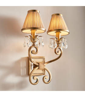 Oksana 2 Light Indoor Twin Candle Wall Light Antique Brass with Beige Shades E14-2