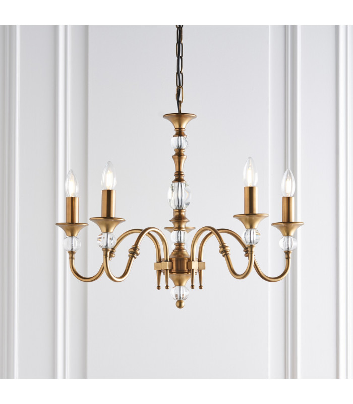 Polina 5 Light Multi Arm Ceiling Pendant Chandelier Antique Brass E14-7