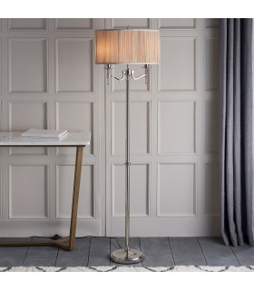 Stanford 2 Light Floor Lamp Polished Nickel Plate with Beige Shade E14-2