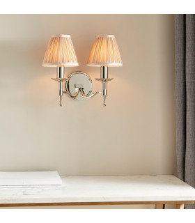 Stanford 2 Light Indoor Twin Candle Wall Light Polished Nickel Plate with Beige Shades E14-2