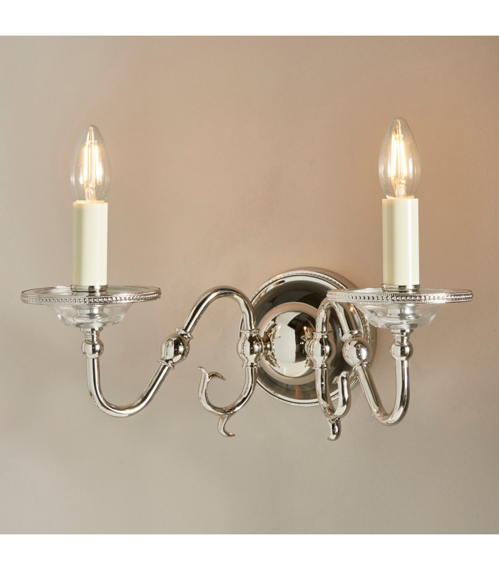 Tilburg 2 Light Indoor Twin Candle Wall Light Polished Nickel Plate with Crystal E14-9