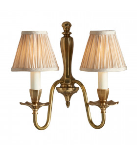 Asquith 2 Light Indoor Twin Candle Wall Light Solid Brass Beige Organza Effect Fabric with Beige Shades E14-1