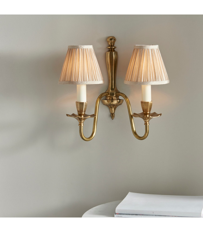 Asquith 2 Light Indoor Twin Candle Wall Light Solid Brass Beige Organza Effect Fabric with Beige Shades E14-2