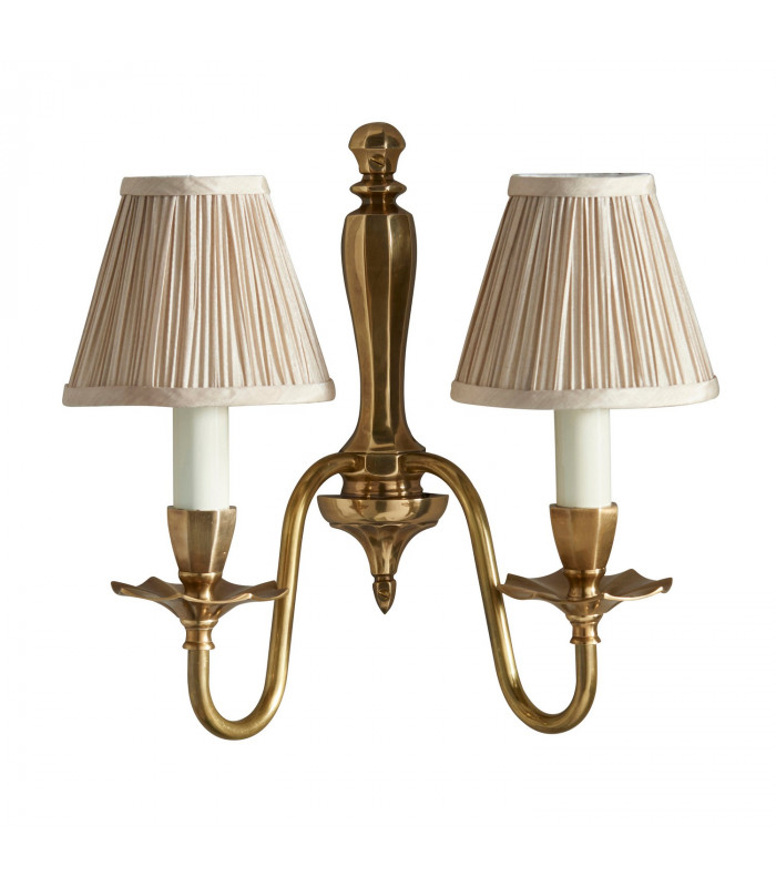 Asquith 2 Light Indoor Twin Candle Wall Light Solid Brass Beige Organza Effect Fabric with Beige Shades E14-9
