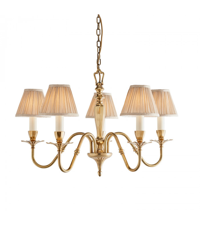 Asquith 5 Light Multi Arm Ceiling Pendant Chandelier Solid Brass Beige organza effect fabric E14-1
