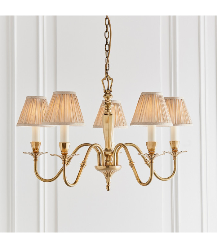 Asquith 5 Light Multi Arm Ceiling Pendant Chandelier Solid Brass Beige organza effect fabric E14-2