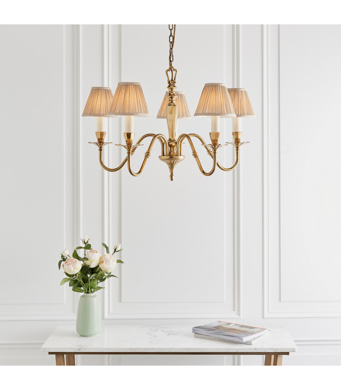 Asquith 5 Light Multi Arm Ceiling Pendant Chandelier Solid Brass Beige organza effect fabric E14-3