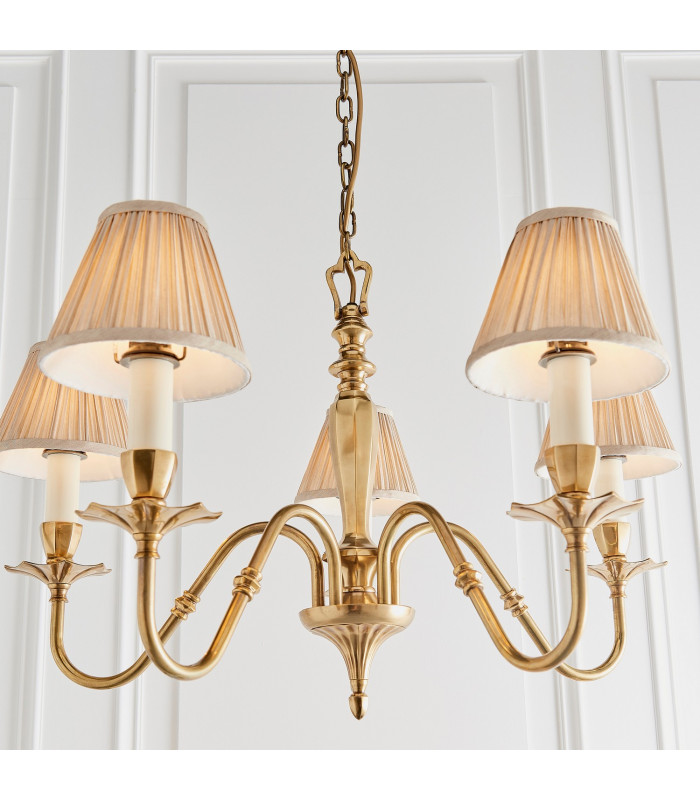 Asquith 5 Light Multi Arm Ceiling Pendant Chandelier Solid Brass Beige organza effect fabric E14-4