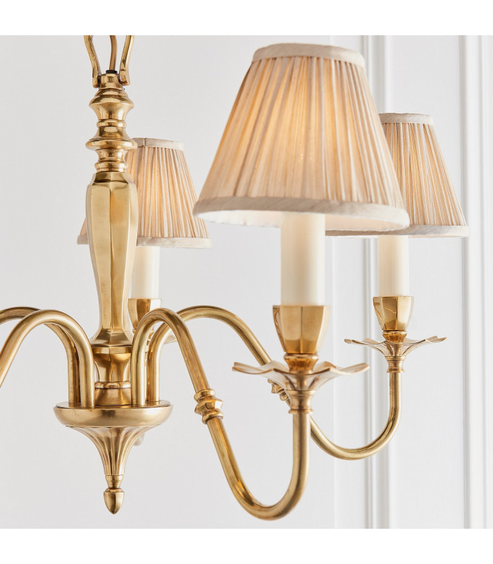 Asquith 5 Light Multi Arm Ceiling Pendant Chandelier Solid Brass Beige organza effect fabric E14-5