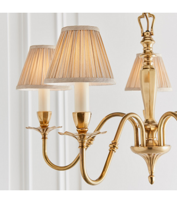 Asquith 5 Light Multi Arm Ceiling Pendant Chandelier Solid Brass Beige organza effect fabric E14-6