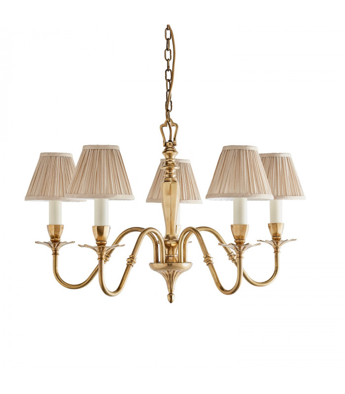 Asquith 5 Light Multi Arm Ceiling Pendant Chandelier Solid Brass Beige organza effect fabric E14-8