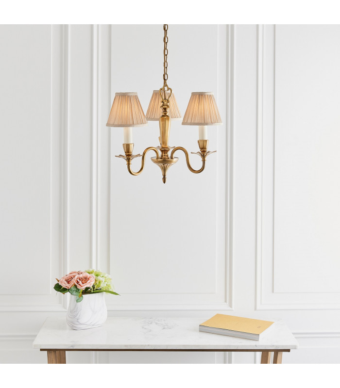 Asquith 3 Light Multi Arm Ceiling Pendant Chandelier Solid Brass Beige organza effect fabric E14-3