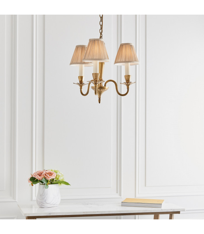Asquith 3 Light Multi Arm Ceiling Pendant Chandelier Solid Brass Beige organza effect fabric E14-4