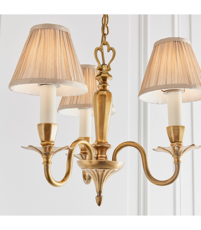 Asquith 3 Light Multi Arm Ceiling Pendant Chandelier Solid Brass Beige organza effect fabric E14-5