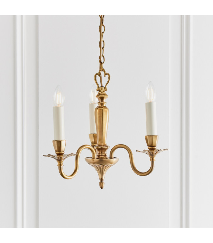 Asquith 3 Light Multi Arm Ceiling Pendant Chandelier Solid Brass Beige organza effect fabric E14-8