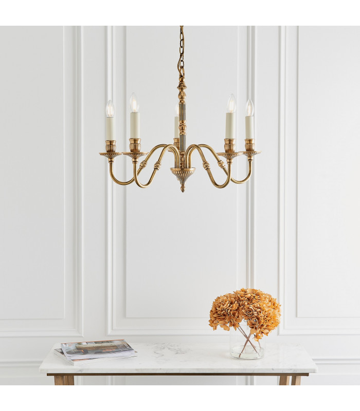 Fitzroy 5 Light Multi Arm Ceiling Candle Pendant Brass Ivory E14-3