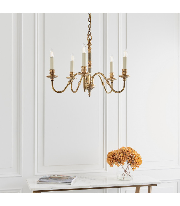 Fitzroy 5 Light Multi Arm Ceiling Candle Pendant Brass Ivory E14-4