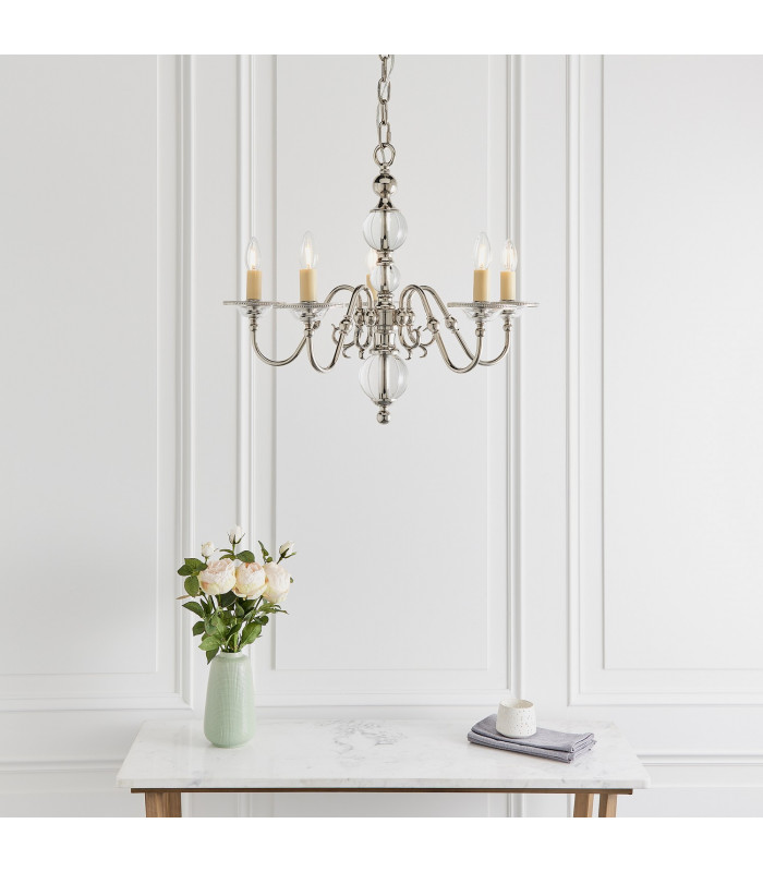 Tilburg 5 Light Multi Arm Ceiling Pendant Chandelier Polished Nickel Clear Crystal E14-3