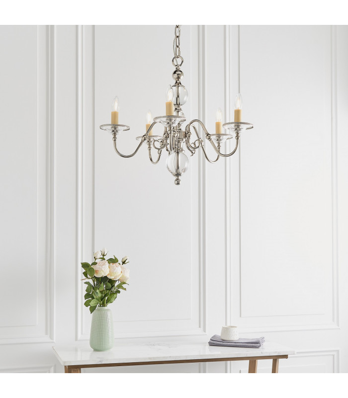 Tilburg 5 Light Multi Arm Ceiling Pendant Chandelier Polished Nickel Clear Crystal E14-4