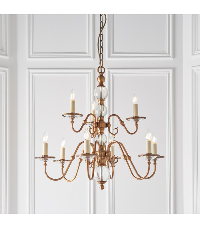 Tilburg 9 Light Chandelier Crystal Antique Brass Finish E14-2