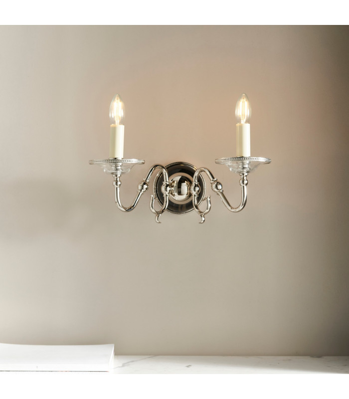 Tilburg 2 Light Indoor Twin Candle Wall Light Polished Nickel Plate with Crystal E14-3