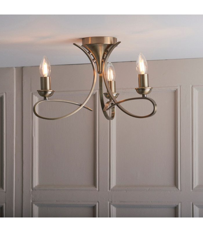 Penn 3 Light Semi Flush Multi Arm Ceiling Light Brushed Brass effect plate E14-3