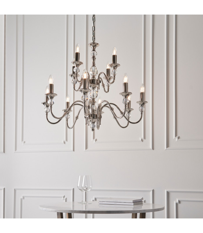 Polina 12 Light Chandelier Polished Nickel Plate & Crystal Finish E14-4