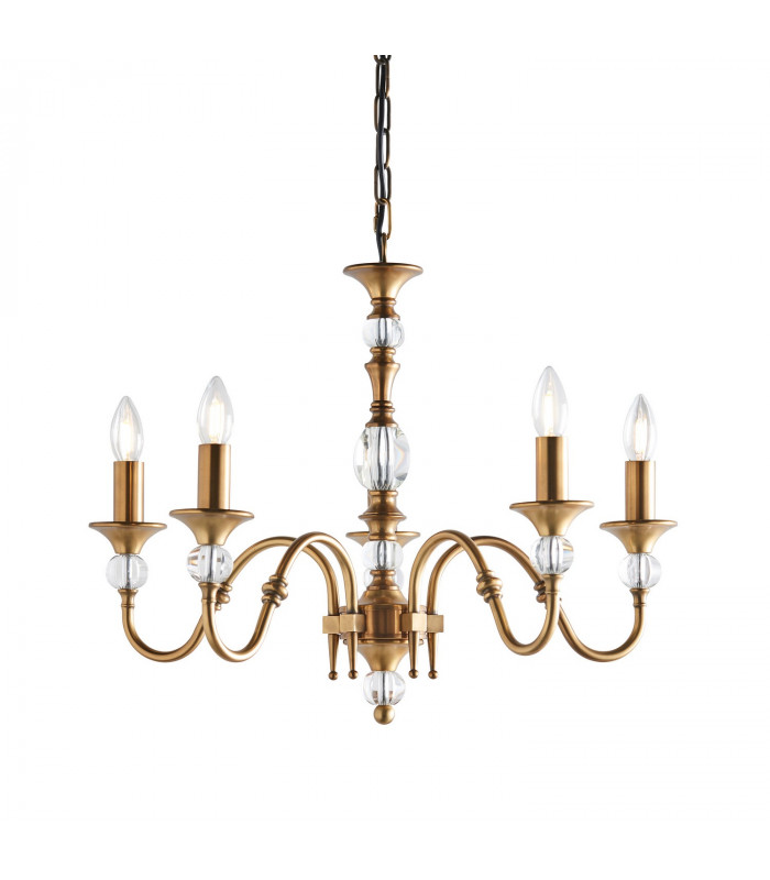 Polina 5 Light Multi Arm Ceiling Pendant Chandelier Antique Brass Crystal E14-1